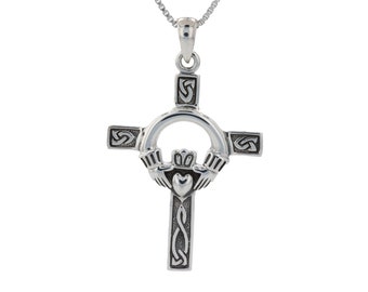 Jewelry Trends Celtic Claddagh Cross Irish Sterling Silver Pendant Necklace 18"