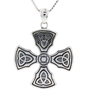 May include: A silver Celtic cross pendant with black enamel detailing. The cross features four interlocking knots, a traditional Celtic symbol of eternity and unity.