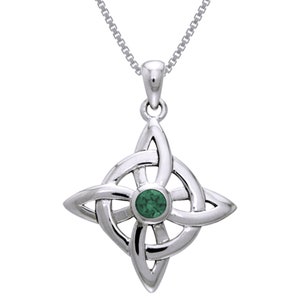Sterling Silver Celtic Good Luck Knot Pendant Necklace with Green Glass Stone 18&quot; | Jewelry Trends