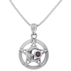 Moon Star Pentacle Pendant Sterling Silver with Amethyst 18&quot; | Jewelry Trends
