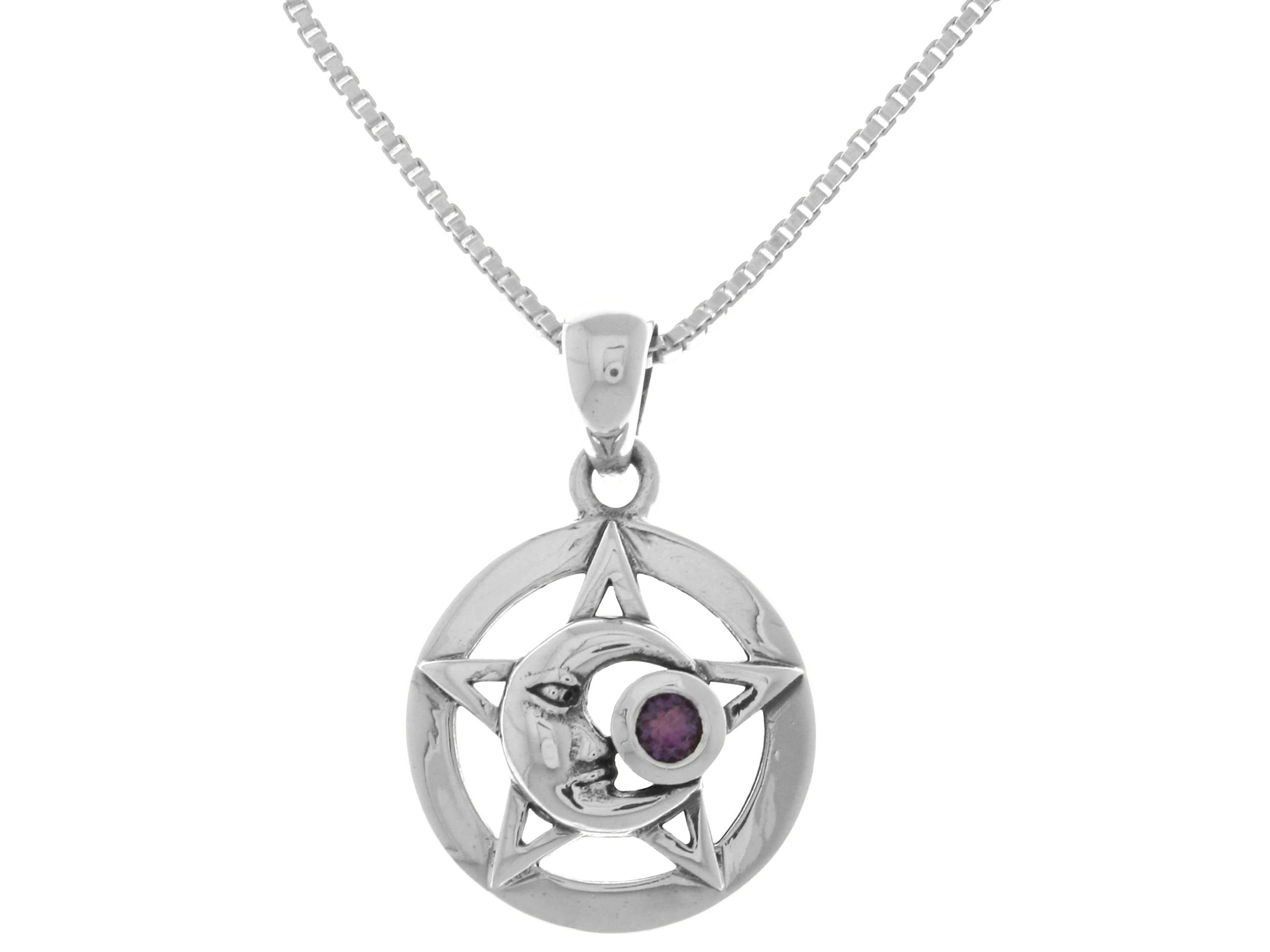 Moon Star Pentacle Pendant Sterling Silver with Amethyst 18" | Jewelry Trends