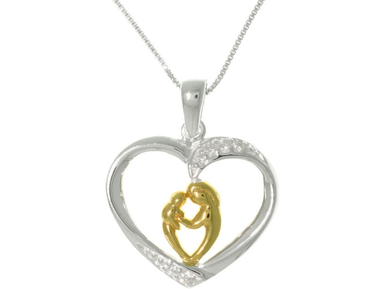 Jewelry Trends Heart with Mother and Child and 18k Yellow Gold Sterling Silver Pendant Necklace 18