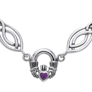 Celtic Claddagh with Amethyst Sterling Silver Pendant on Oval Knot and Chain Necklace 18&quot; | Jewelry Trends