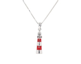 Jewelry Trends Nautical Lighthouse with Red Bands Fine Silver Plated Pendant Necklace 18"