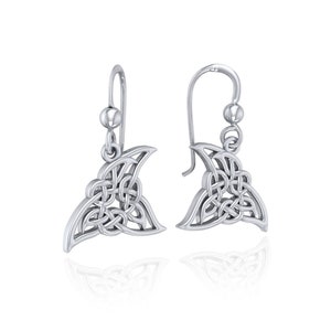 May include: Silver Celtic knot earrings with a triangular shape. The earrings have a drop design and are made of sterling silver.
