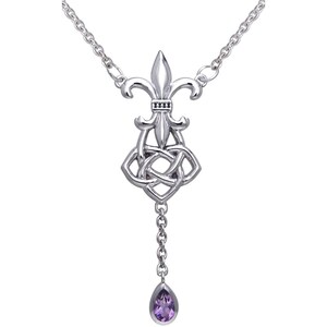 Sterling Silver Fleur De Lis Celtic Knot Pendant with Amethyst Drop on Link Chain Necklace 18&quot; | Jewelry Trends