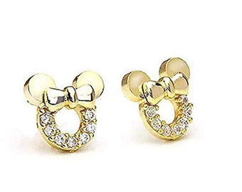 Minnie Size Mouse 14K Yellow Gold Plated Sterling Simulated Diamond Screw Back Stud Earrings, Mouse Stud Earrings