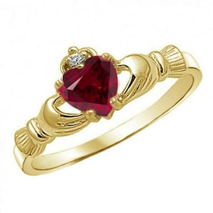 14K Yellow Gold Plated Sterling Silver Round Heart Created Ruby & Diamond Claddagh Engagement Promise Ring