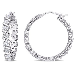 Simulated Diamond Huggie Earrings – Mini Diamond Hoop Earrings, Wave Hoop Design, 14K White Gold Plated Sterling Silver