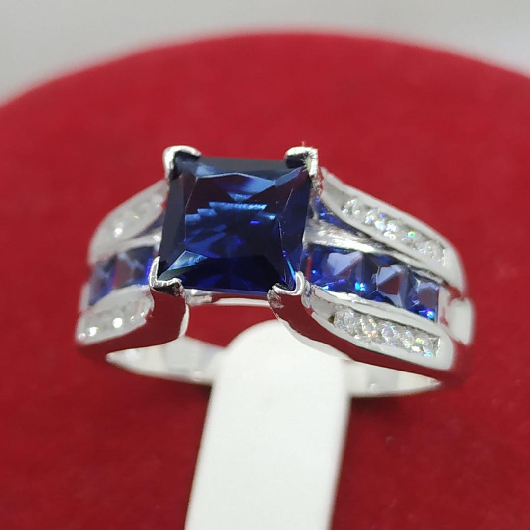 14Kホワイトゴールドメッキシルバー2カラット模造ブルーサファイア