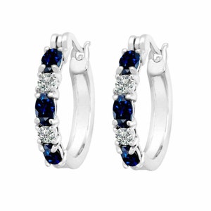 2.10 Ct Blue Sapphire Hoop Earrings with Simulated Diamonds | 14K White Gold Plated Brass | Women&#39;s Blue Sapphire Hoop Earrings