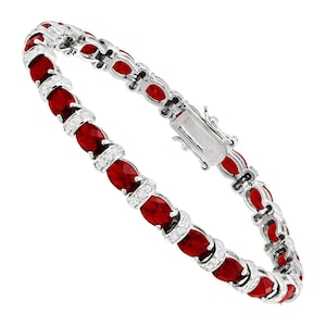 15.30 Ct Oval Shape July Birthstone Ruby & Diamond Tennis Bracelet 14K White Gold Finish Solid Silver, Women Bracelet 7.25", Tennis Bracelet