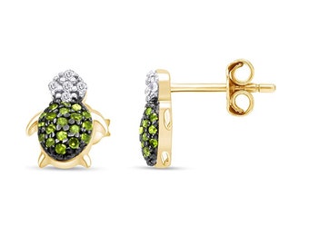 0.40CT Round Emerald & Simulated Diamond Sea Turtle Stud Earrings - Minimalist Turtle Jewelry, 14K Yellow Gold Over Silver