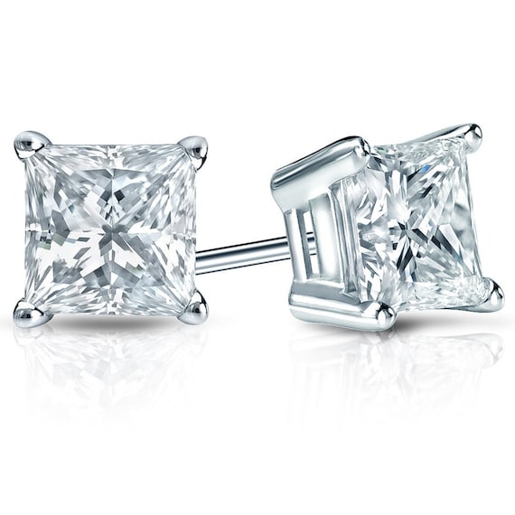 10k Real White Gold 3.00 Ct Princess Cut Simulated Diamond Solitaire Stud Earrings