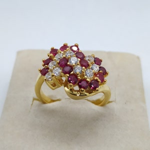 Huge 1/2 Ct Round Ruby & CZ Cluster Cocktail Engagement Ring – 14K Yellow Gold Plated Silver Promise Gift, July Birthstone