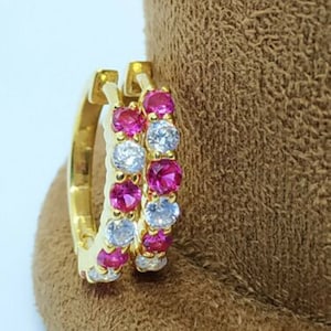 1.30CT Pink Ruby Hoop Earrings with Diamond | 14K Yellow Gold Plated Silver | Huggie Hoop Earrings | Promise Gifts