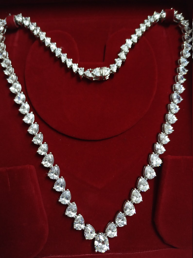 40 Ct Pear Shape Diamond Tennis Necklace 14k White Gold Solid Etsy