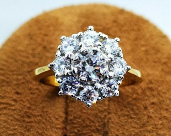 Moissanite Diamond Cluster Ring, 14K Yellow Gold Plated Silver Floral Engagement Ring, Unique Vintage Wedding Band, Gift for Her