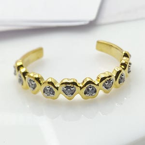 14K Yellow Gold Plated 925 Silver Heart Band CZ Adjustable Toe Ring | Multiple Hearts Love Design for Women
