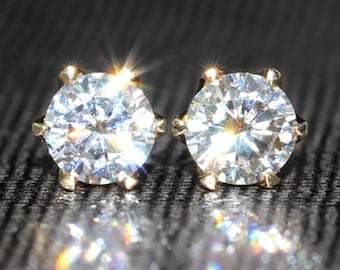 8MM 4CT Classic Studs Round 6-Prong Solitaire Stud Earrings Sparkle Moissanite Diamond 14K Yellow Gold Plated Silver Earrings