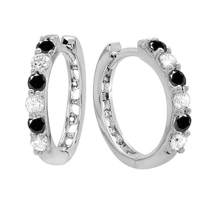0.50CT runde Diamant Huggie Ohrringe - Schwarze Diamant Creolen, 14K Weißgold 925 Silber Huggie Creolen