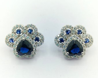 7 mm Heart Shape Blue Sapphire & Simulated Diamond Paw Stud, Love Dog Paw Print Earrings, 14K White Gold Plated Sterling Silver