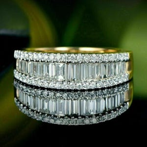 2.65 Ct Moissanite Baguette and Round Cut Wedding Band, 14K Yellow Gold Plated Silver Channel Set Ring, Multi-Row Eternity Statement Band