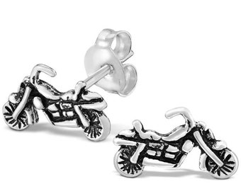Tiny Stud Earrings in Sterling Silver, Motorbike Stud Earrings, Small Studs, Dainty Earrings, Unisex Earrings, 14K White Gold Finish Studs