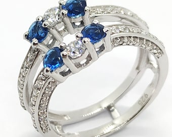 1.2CT Round Blue & White Moissanite Diamond Engagement Insert Guard Wrap Jacket Enhancer Wedding Band Ring | White Gold-Plated Silver