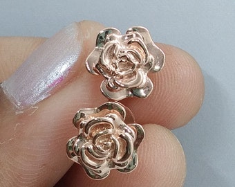 14K Rose Gold Rose Flower Stud Earrings, 925 Sterling Silver Floral Jewelry, Push Back Dainty Earrings, Gift for Her