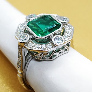 2.00 Carat Art Deco Asscher Cut Lab-Created Green Emerald Engagement Ring – 14K White Gold Plated Silver Summer Sale