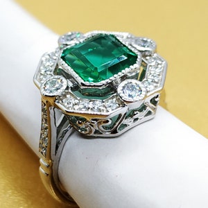 2.00 Carat Art Deco Asscher Cut Lab-Created Green Emerald 14K White Gold Plated Silver Classic Engagement Women's Ring Christmas Day Gifts