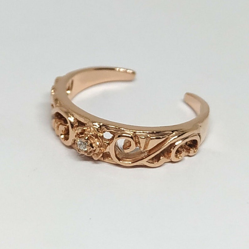 14K Rose Gold Finish Silver Toe Ring Adjustable Band Toe Ring Toe Ring CZ Womens Toe Ring Flower Filigree Design Adjustable Toe Ring image 3