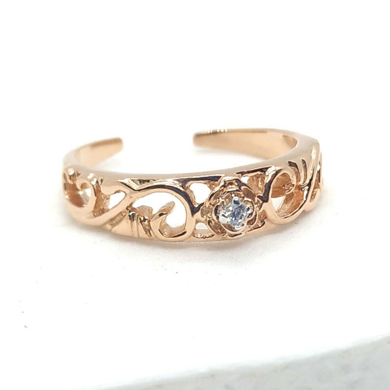 14K Rose Gold Finish Silver Toe Ring Adjustable Band Toe Ring Toe Ring CZ Womens Toe Ring Flower Filigree Design Adjustable Toe Ring image 4