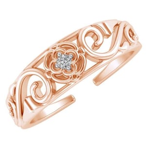 14K Rose Gold Finish Silver Toe Ring Adjustable Band Toe Ring Toe Ring CZ Womens Toe Ring Flower Filigree Design Adjustable Toe Ring image 1