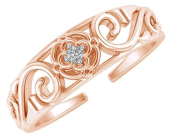 14K Rose Gold Finish Silver Toe Ring | Adjustable Band Toe Ring | Toe Ring | CZ Womens Toe Ring | Flower Filigree Design Adjustable Toe Ring