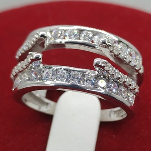 Sterling Silver Wedding Band Enhancer Guard | Curved Cathedral Style Wedding Ring Wrap | Simulated Diamond Insert