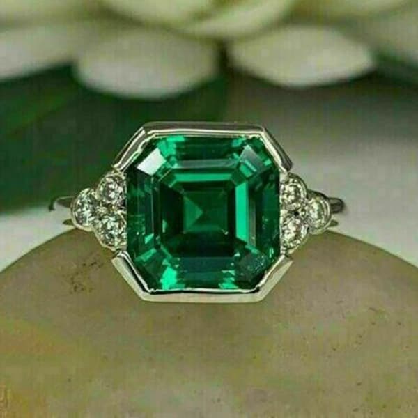 Vintage Art Deco 2.50 Ct Asscher Shape Green Emerald & Simulated Diamond Women Engagement Ring 14K White Gold Plated Silver Women's Day