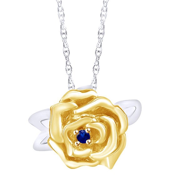 Round Simulated Blue Sapphire Belle Rose Pendant Necklace Solid