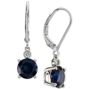 3 Ct Round Cut Sapphire & White Diamond Solitaire Drop Dangle Leverback Earrings - 14K White Gold Over Silver