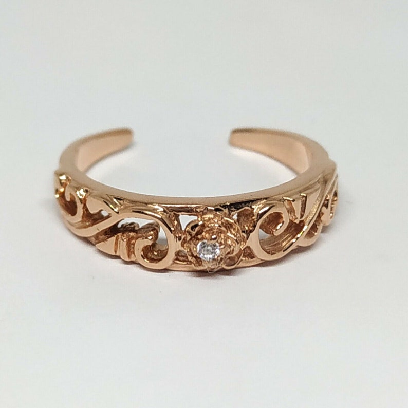 14K Rose Gold Finish Silver Toe Ring Adjustable Band Toe Ring Toe Ring CZ Womens Toe Ring Flower Filigree Design Adjustable Toe Ring image 2