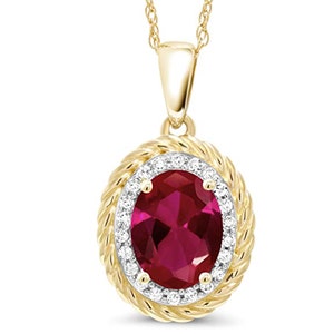 11x9mm Oval Shape Simulated Ruby & Diamond Halo Pendant Necklace | 14K Yellow Gold Finish Sterling Silver | Women&#39;s Halo Promise Pendant