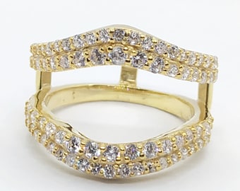 14K Yellow Gold Plated Real Silver Double Enhancer Solitaire Engagement Ring - 1ct Round Moissanite Diamond Guard Insert Jacket Wrap Ring