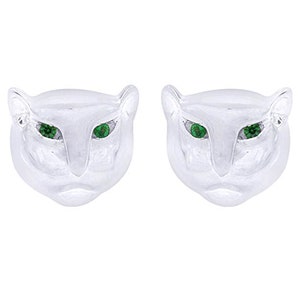 Aros tipo botón con forma de cabeza de pantera de imitación de esmeralda verde de talla redonda: aros tipo botón con forma de pantera de oro de 14 quilates sobre plata de ley
