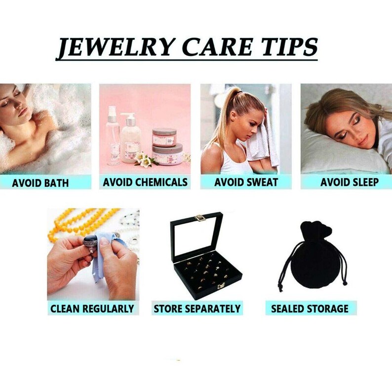 May include: A graphic with jewelry care tips. The graphic shows a series of images with text describing how to care for jewelry. The text includes: Avoid bath, Avoid chemicals, Avoid sweat, Avoid sleep, Clean regularly, Store separately, Sealed storage.