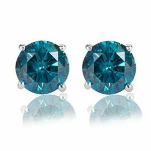 1.00 - 3.00 CT Round Cut Synthetic Blue Diamond 14K White Gold Plated Sterling Silver Solitaire Stud Earrings Summer Sale