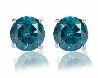 1.00 - 3.00 CT Round Cut Synthetic Blue Diamond 14K White Gold Plated Sterling Silver Solitaire Stud Earrings Summer Sale