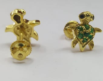 14K Yellow Gold Plated Silver Green Emerald Baby Turtle Stud Earrings - CZ, 925 Silver, Children's Screwback Earrings Gift For Her