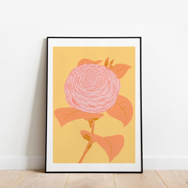 Flower Art Print in Blush Pink, Orange, and Yellow, Printable Floral Illustration, Simple Home Decor, Botanical Poster, Instant Download Art