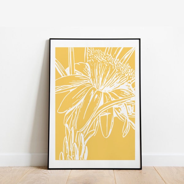 Floral Wall Art Printable in Sunshine Yellow, Downloadable Simple Flower Drawing, Minimalist Botanical Instant Download, Pretty Home Decor